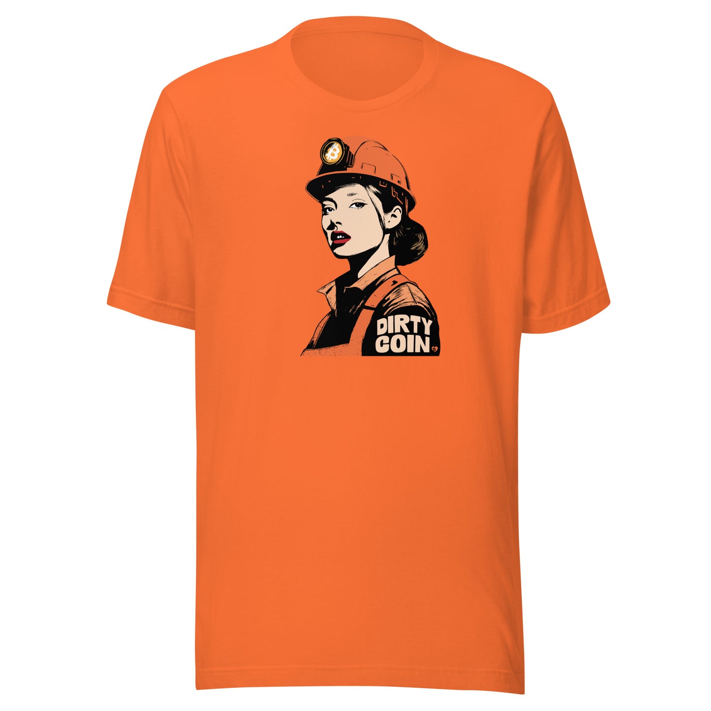 Orange t-shirt with a graphic of a miner wearing a bitcoin hard hat and 'DIRTY COIN' text on a white background