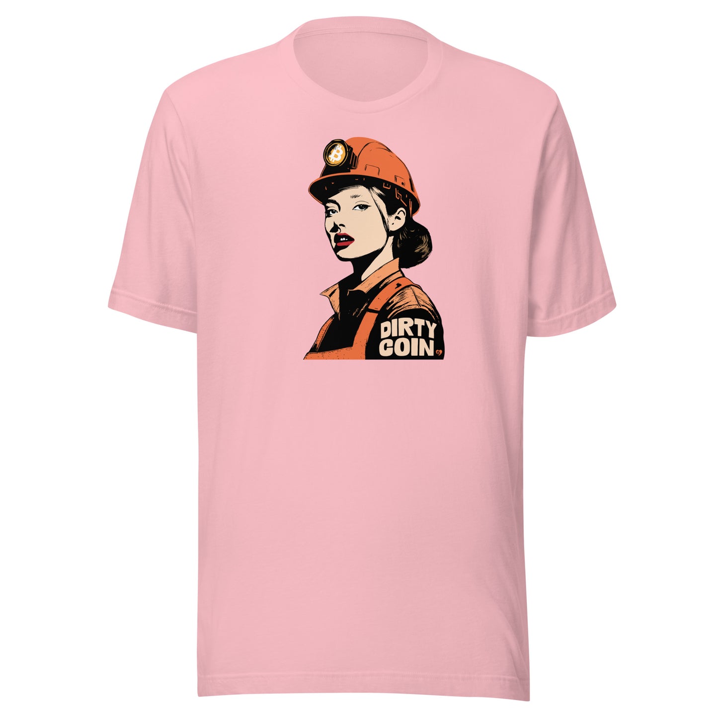 Pink t-shirt with a graphic of a miner wearing a bitcoin hard hat and 'DIRTY COIN' text on a white background