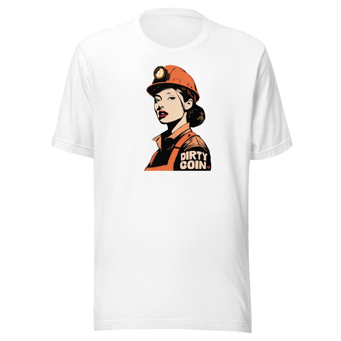 White t-shirt with a graphic of a miner wearing an orange bitcoin hard hat and 'DIRTY COIN' text on a white background