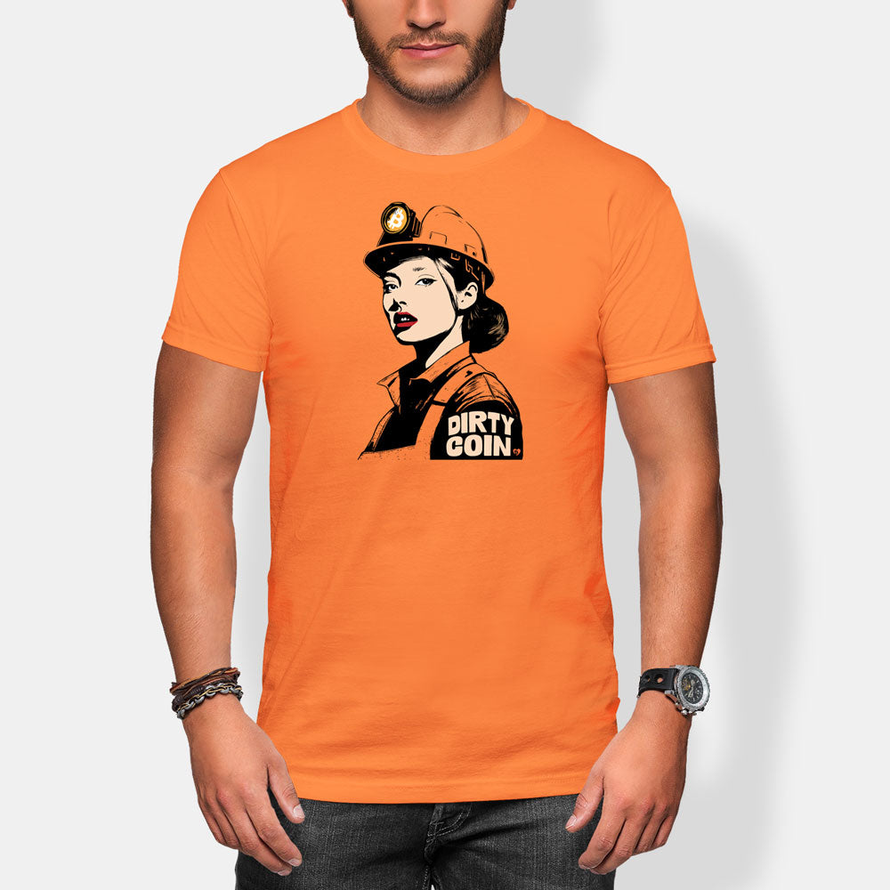 Person wearing an orange t-shirt with a bitcoin miner girl graphic design and text on a white background