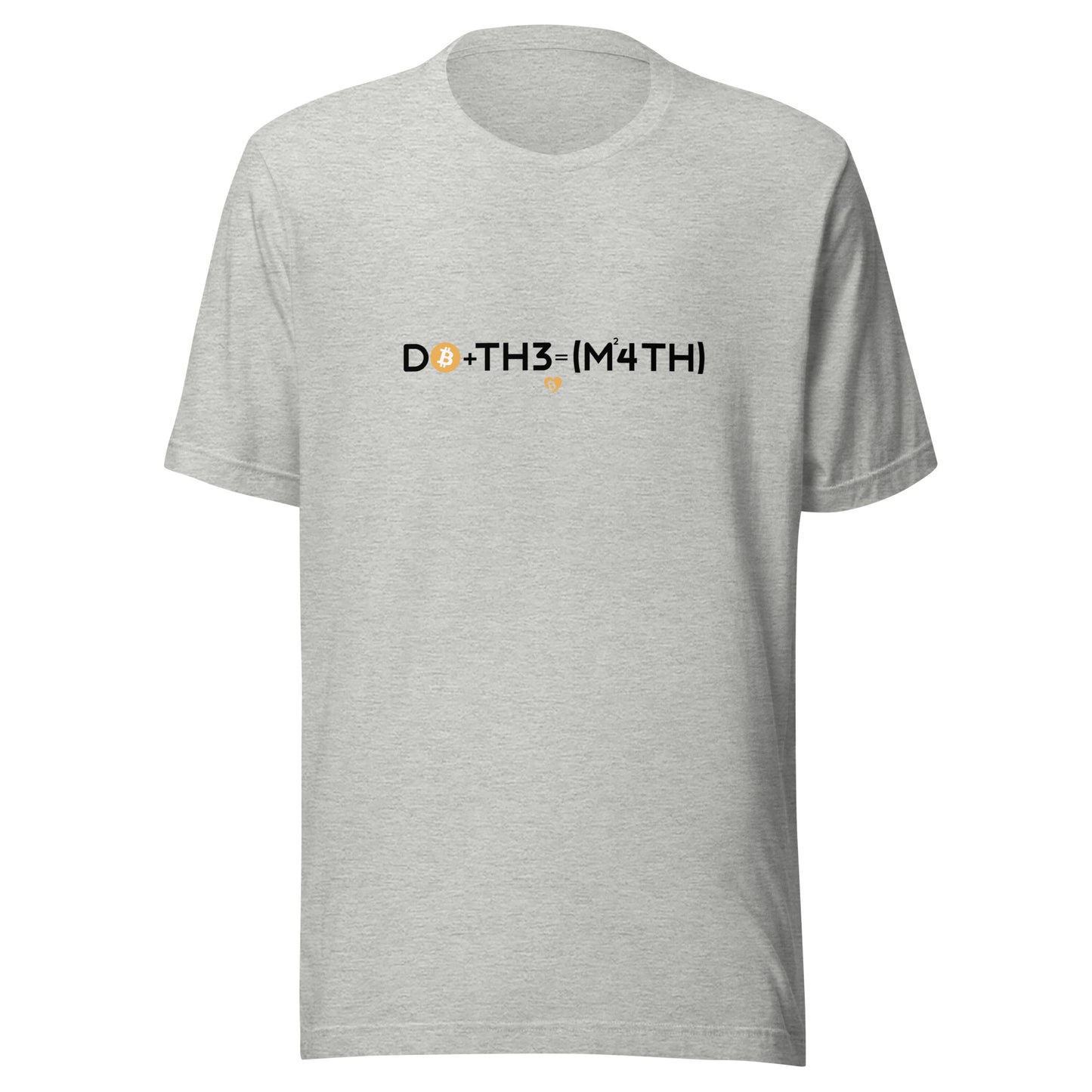Gray t-shirt with 'DO+TH3-M4TH' bitcoin text on a white background