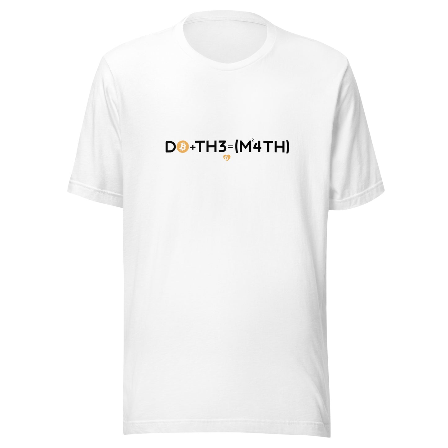 White t-shirt with a black and orange logo bitcoin do the math on a white background