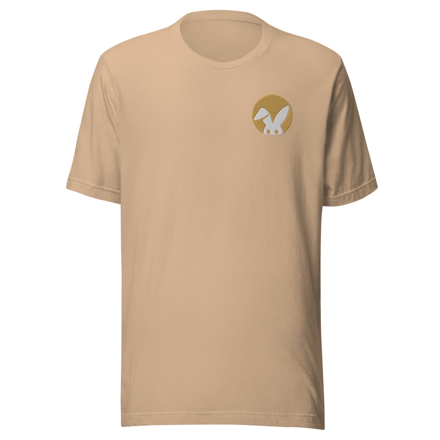 Beige t-shirt with a rabbit logo on the chest against a white background