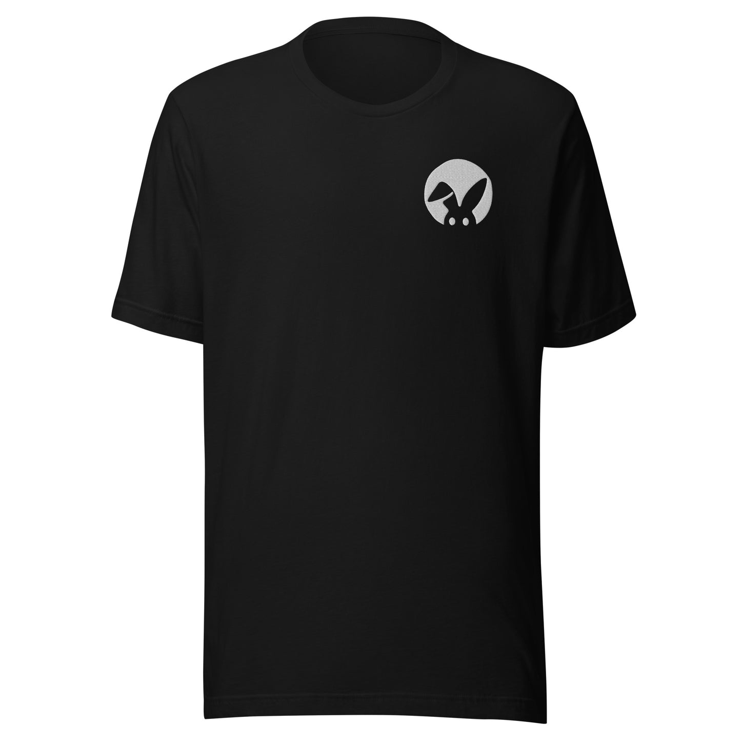 Black t-shirt with a white rabbit logo on the chest against a white background