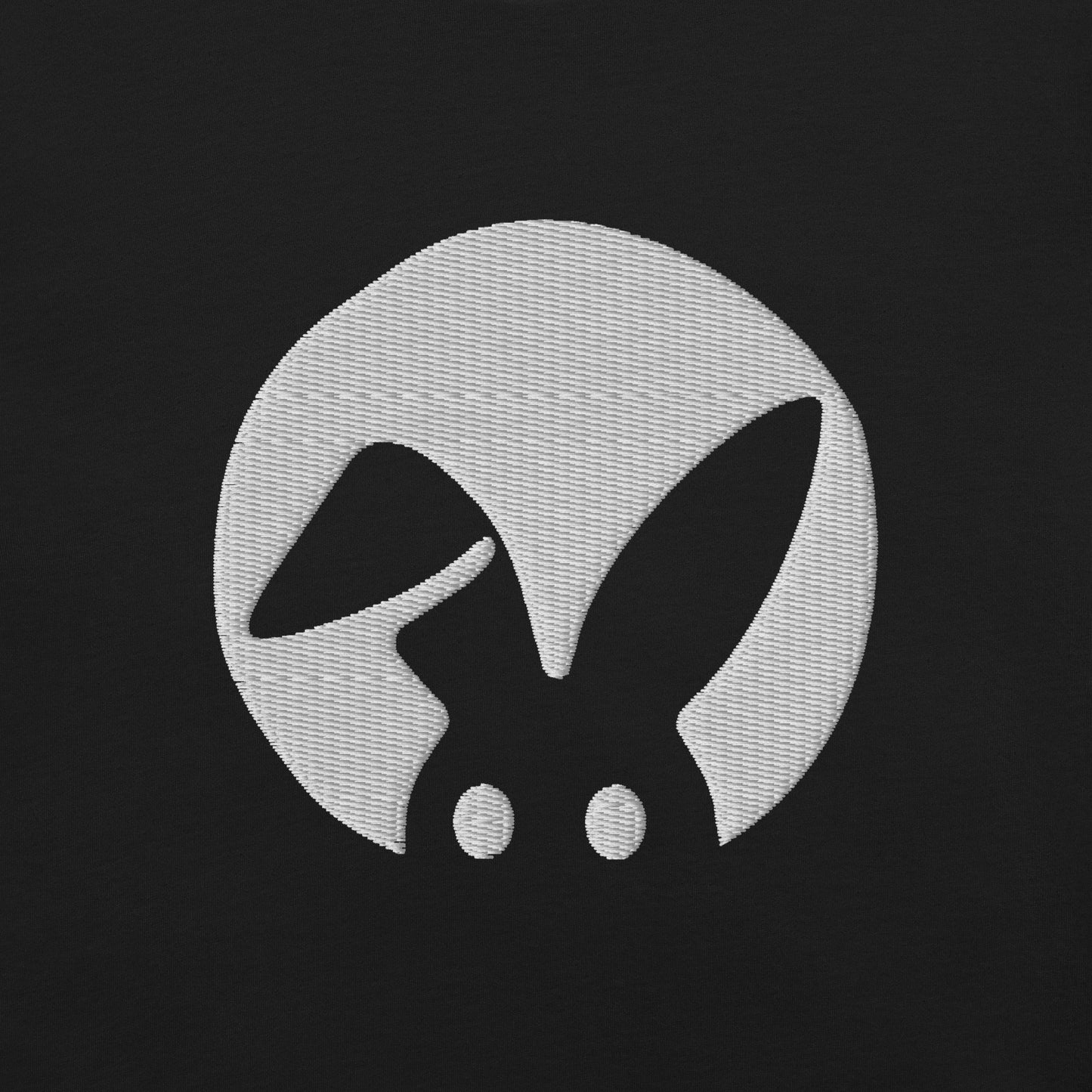 White embroidered bunny logo on a black background