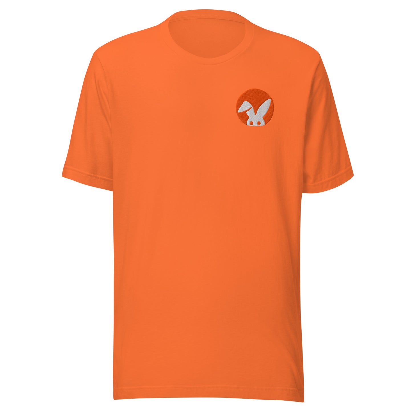 Orange t-shirt with a small rabbit logo on the chest against a white background