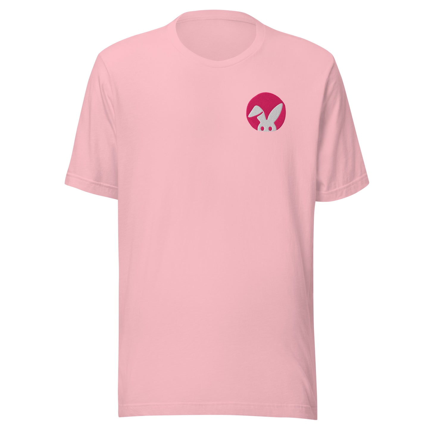 Pink t-shirt with a small rabbit logo on the chest against a white background