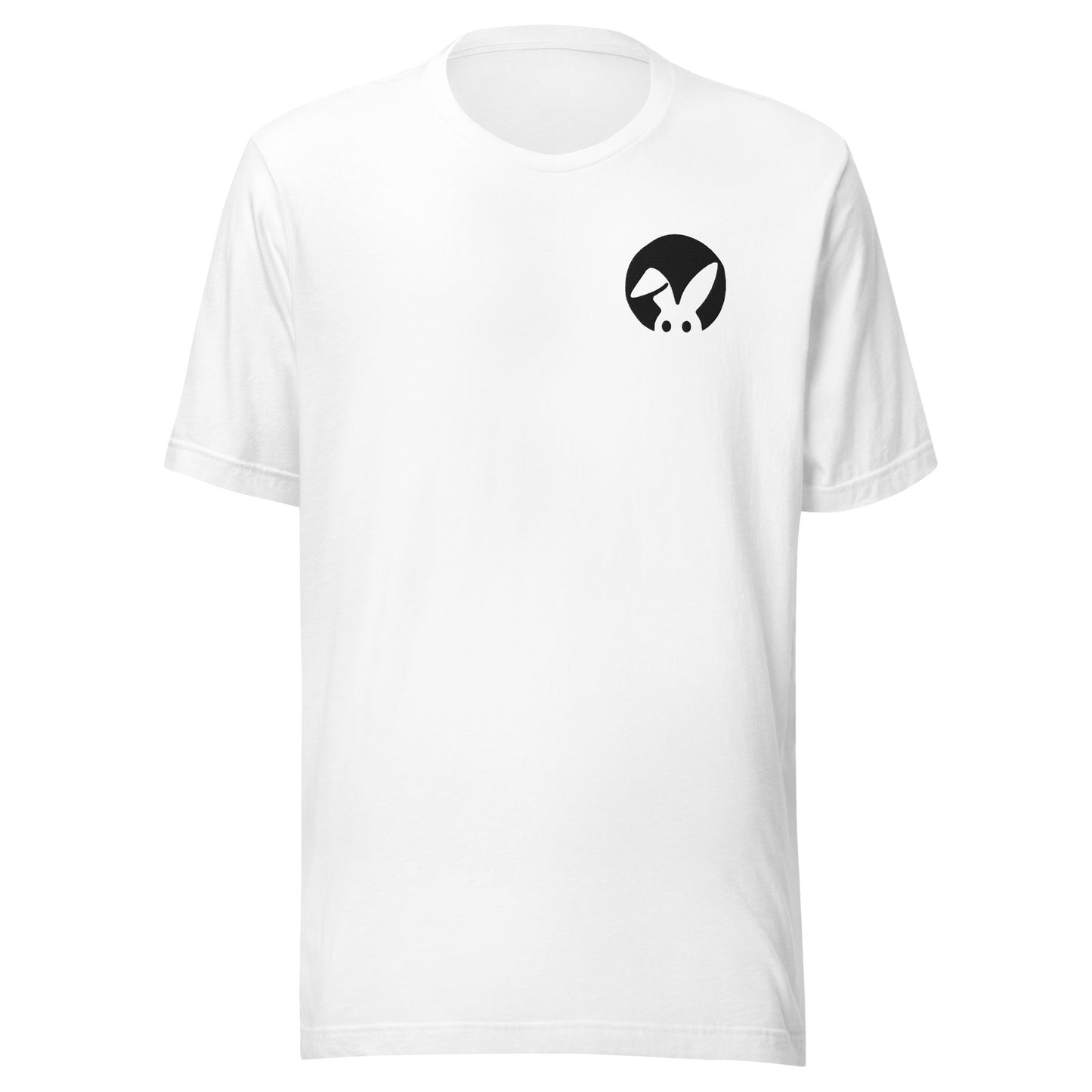 White t-shirt with a black rabbit logo on a white background