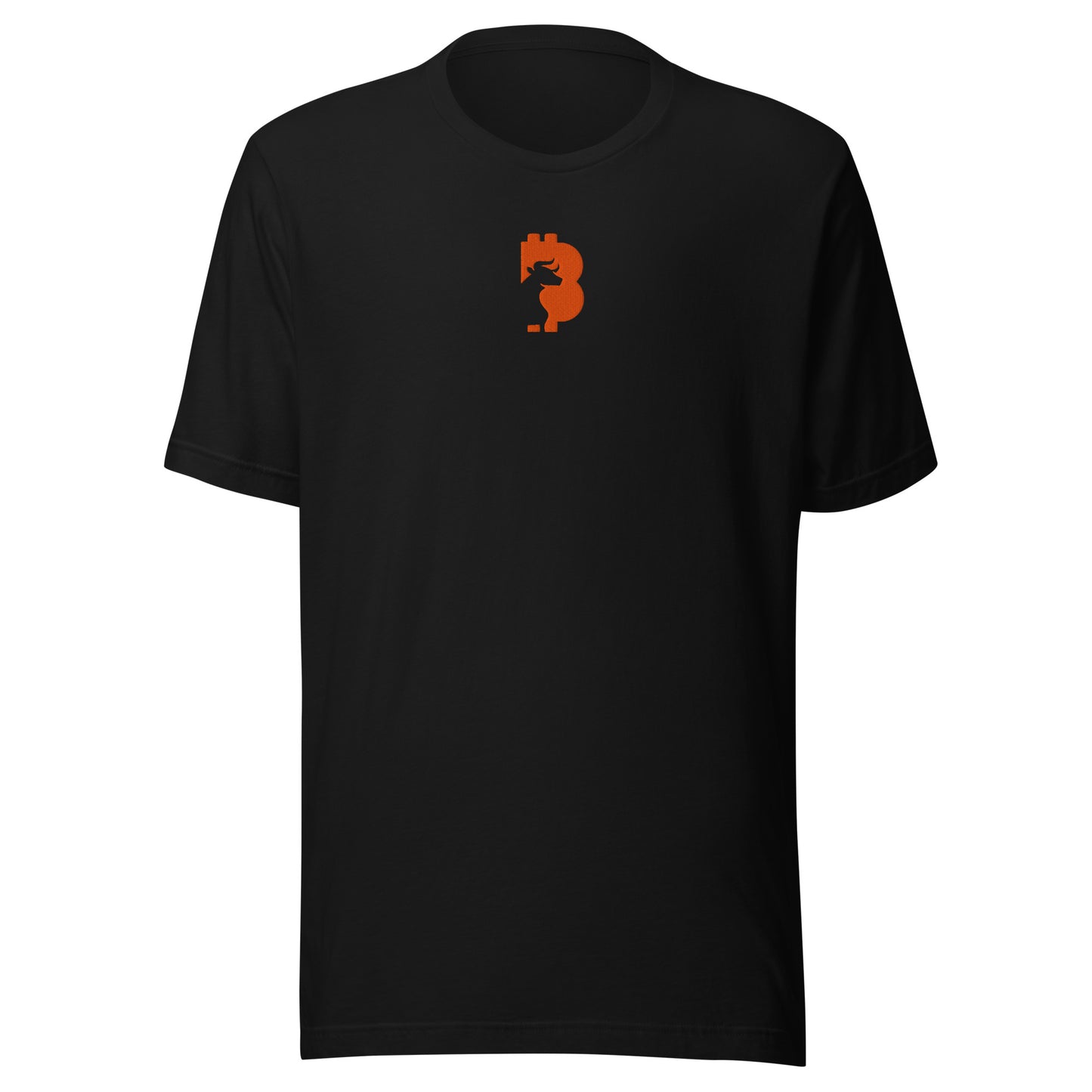 Black t-shirt with an orange bitcoin. bull logo on a white background