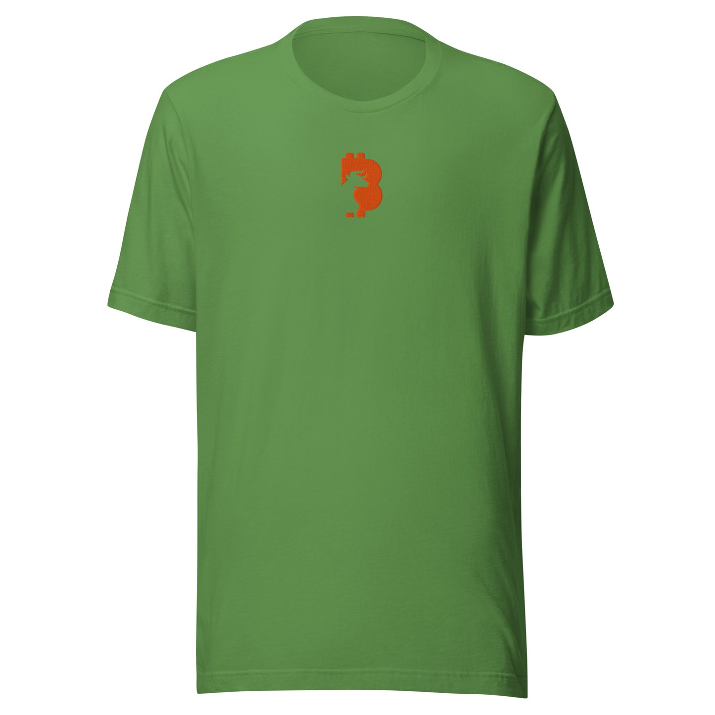 Green t-shirt with a orange bitcoin bull logo on a white background