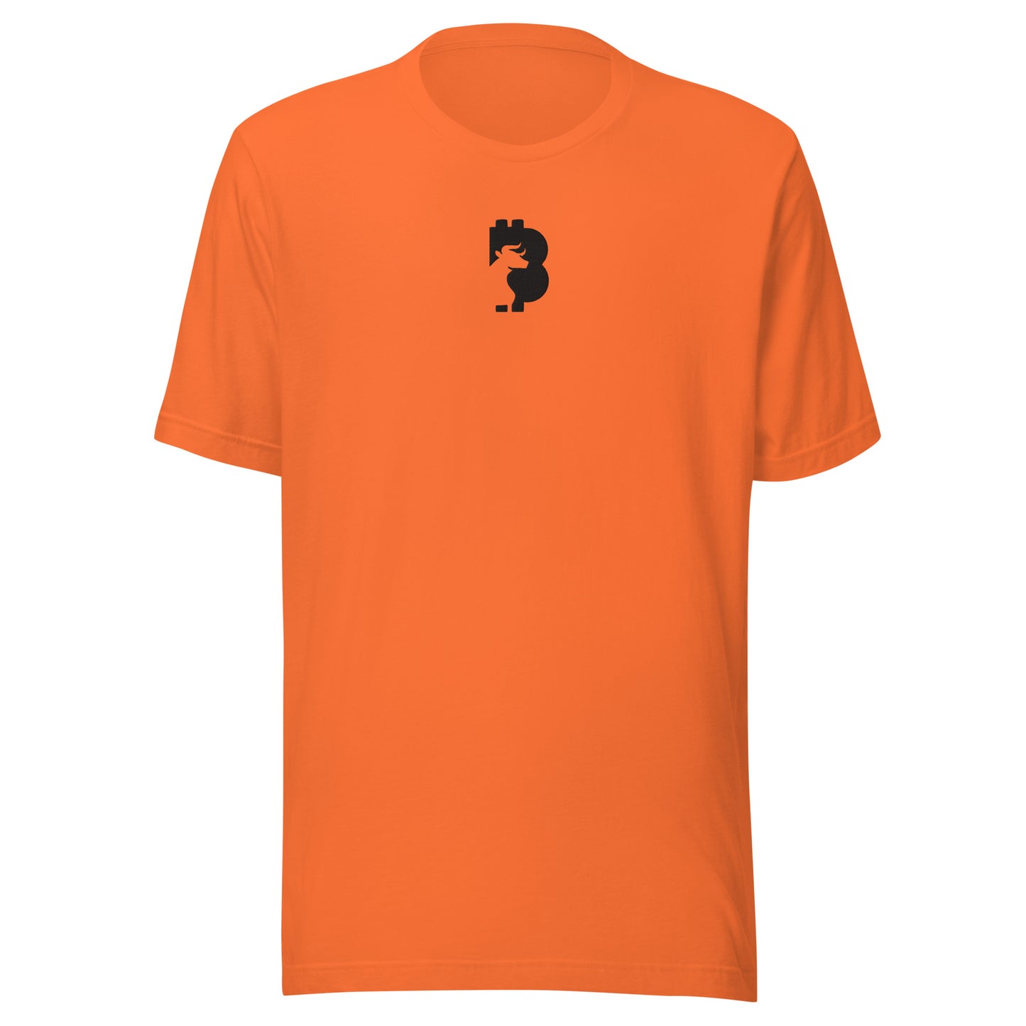 Orange t-shirt with a small black bitcoin. bull logo on a white background