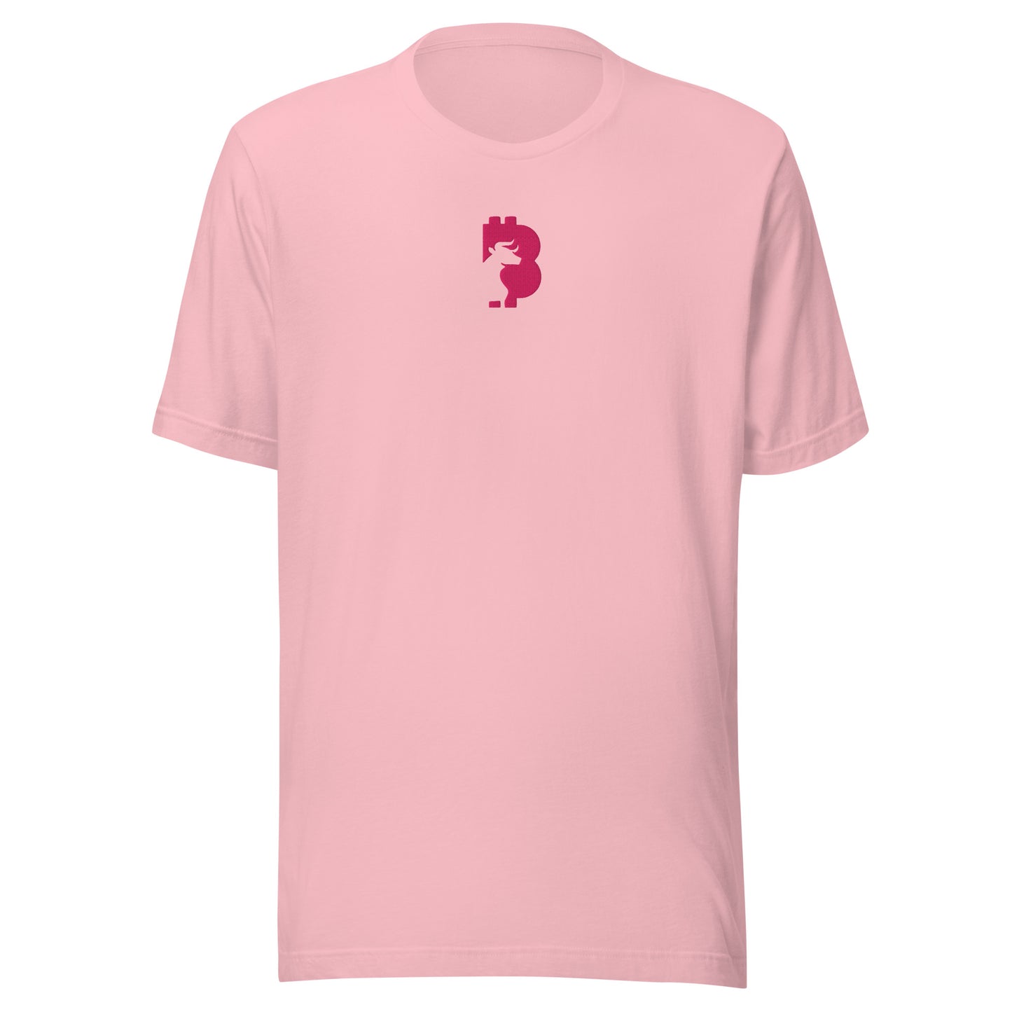 Pink t-shirt with a small bitcoin bull logo on the chest against a white background