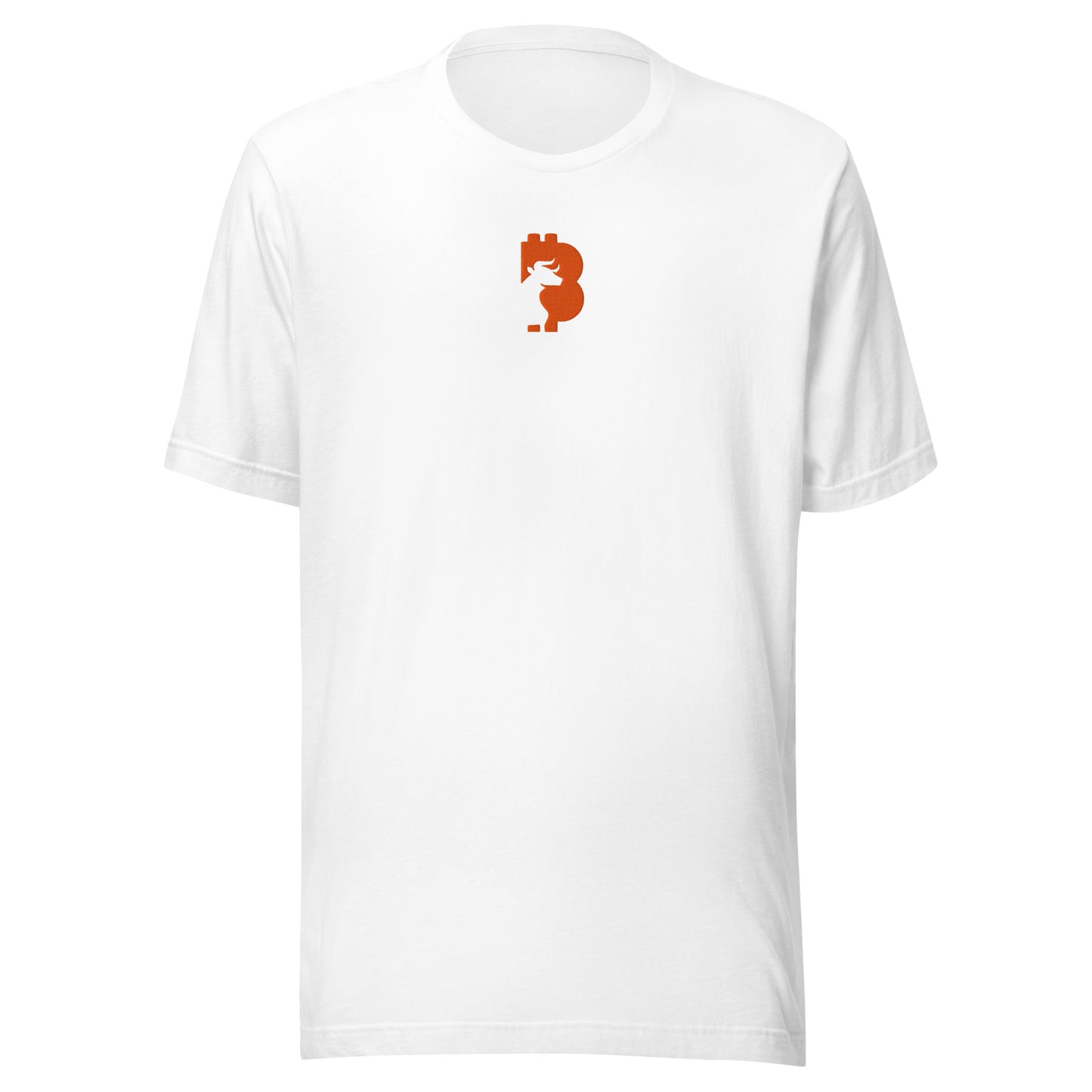 White t-shirt with a orange bitcoin bull logo on a white background