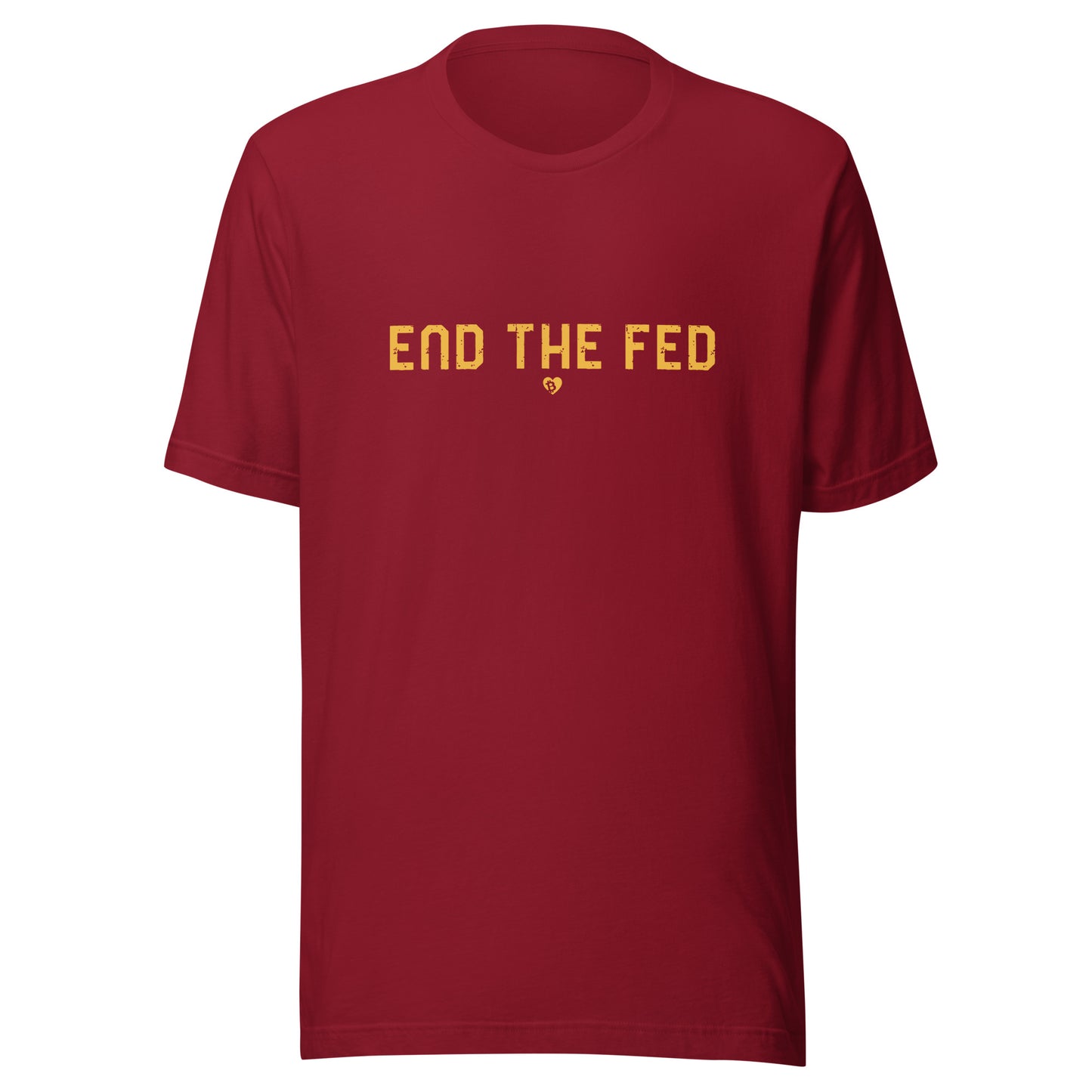 Red t-shirt with 'END THE FED' text in yellow on a white background