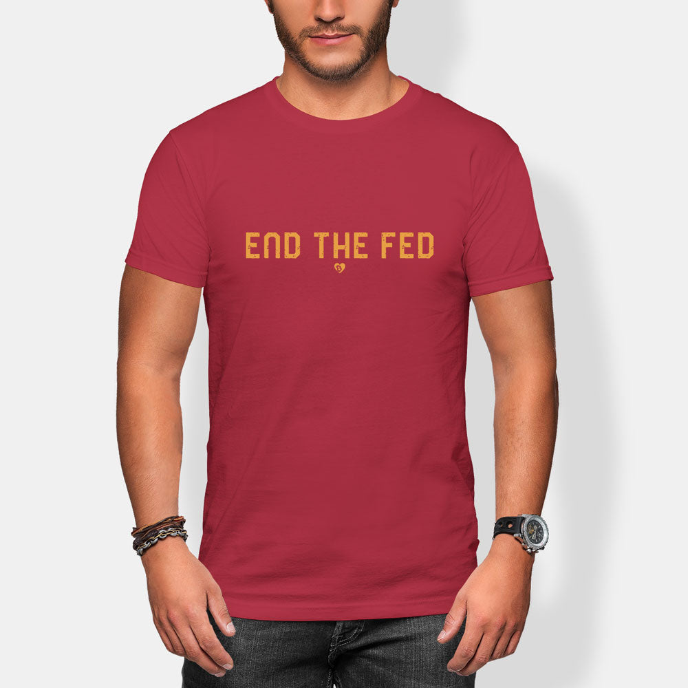 Red t-shirt with 'END THE FED' text worn by a person on a white background