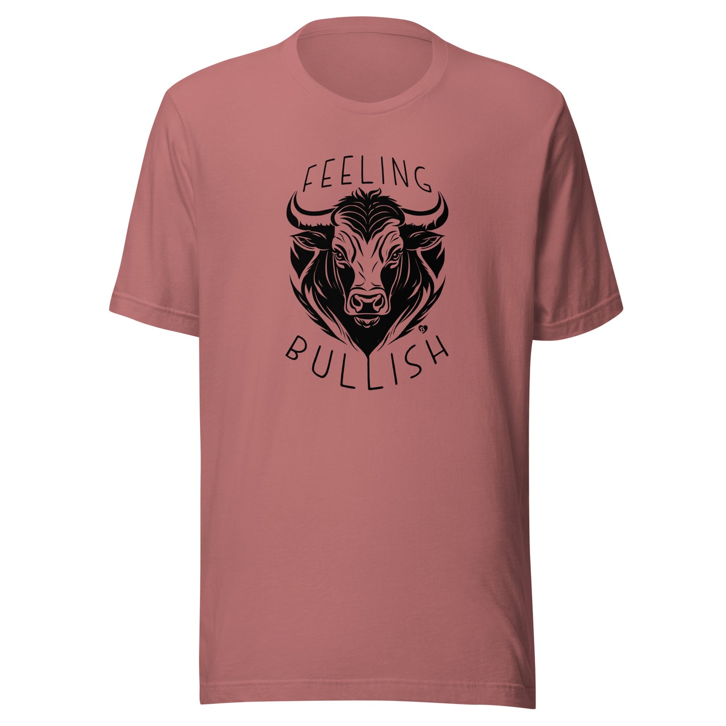 Pink t-shirt with a bull graphic and 'Feeling Bullish' text on a white background