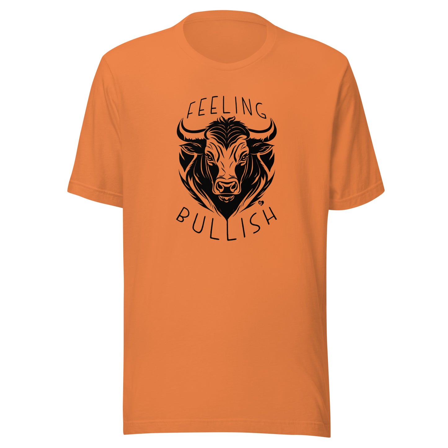 Orange t-shirt with a bull graphic and 'Feeling Bullish' text on a white background