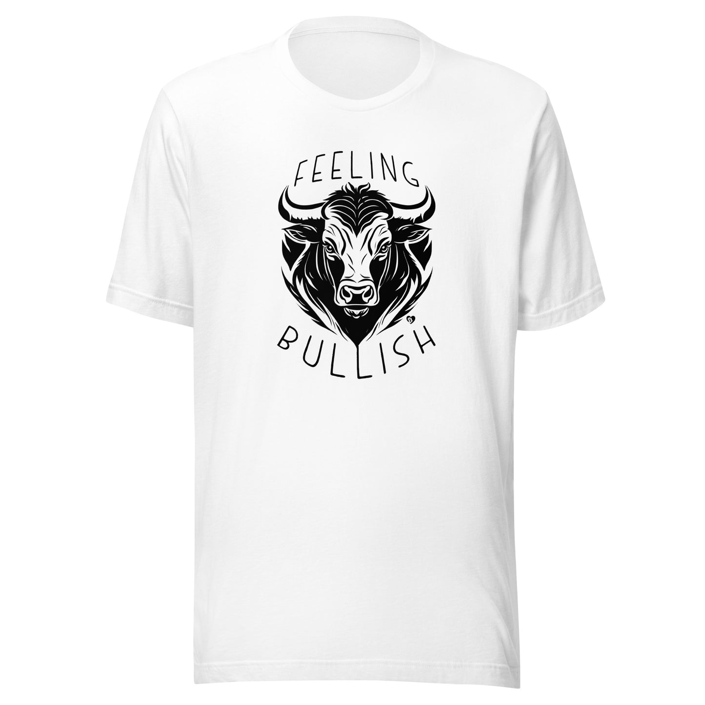 White t-shirt with black bull graphic and 'Feeling Bullish' text on a white background