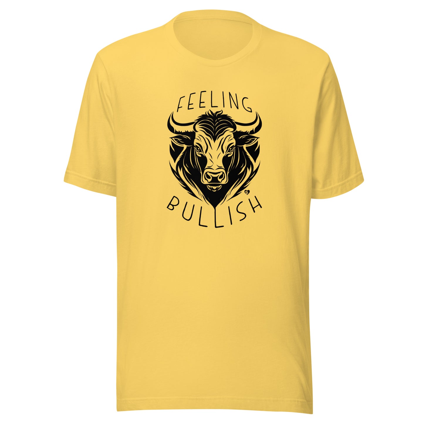 Yellow t-shirt with a bull graphic and 'Feeling Bullish' text on a white background