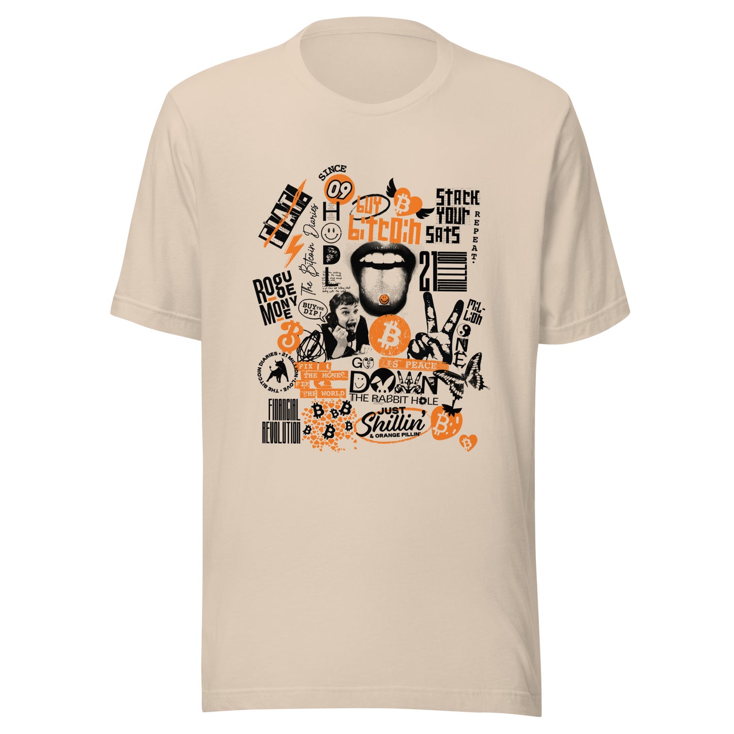 Beige t-shirt with bitcoin collage graphic design featuring text and images on a white background