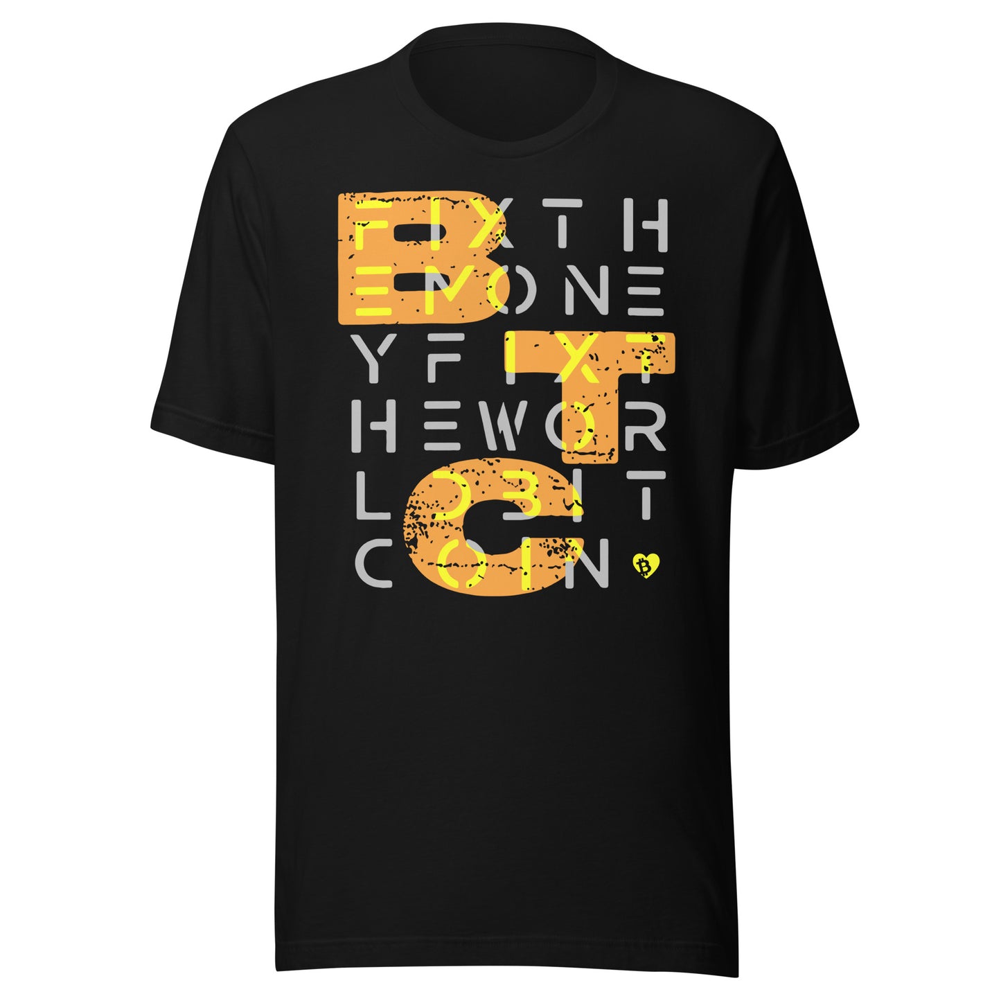 Black t-shirt with yellow text fix the money fix the world btc design design on a white background