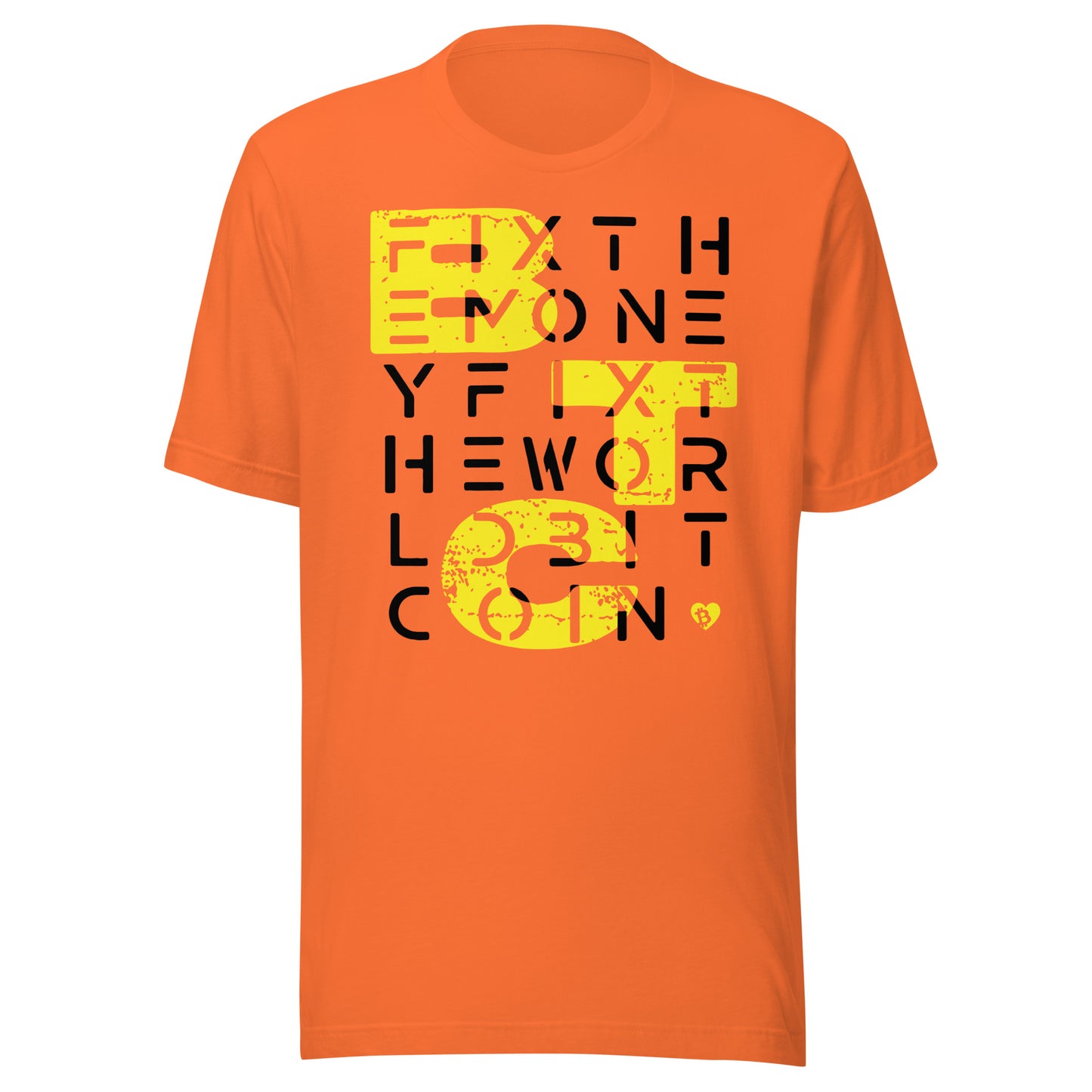 Orange t-shirt with scrambled text fix the money fix the world btc design on a white background