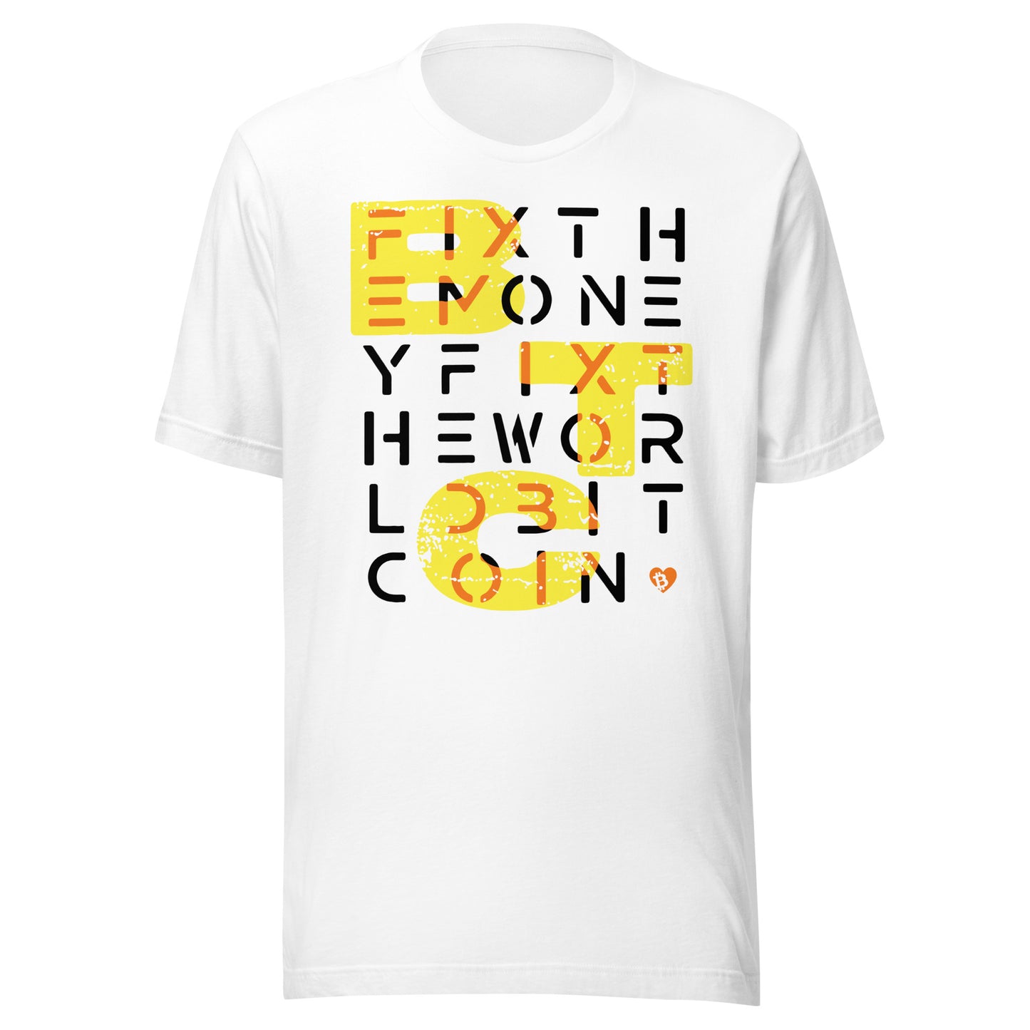 White t-shirt with colorful text fix the money fix the world btc design on a white background