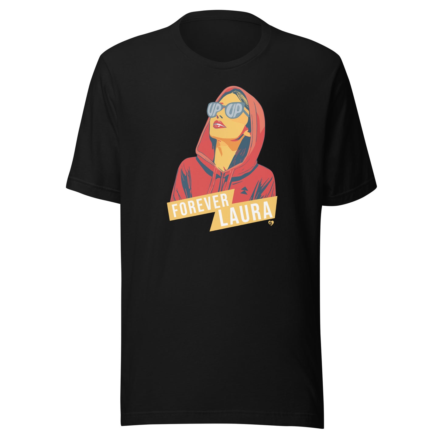 Black t-shirt with a graphic of a person in a red hoodie and sunglasses, with 'Forever Laura' text, on a white background.