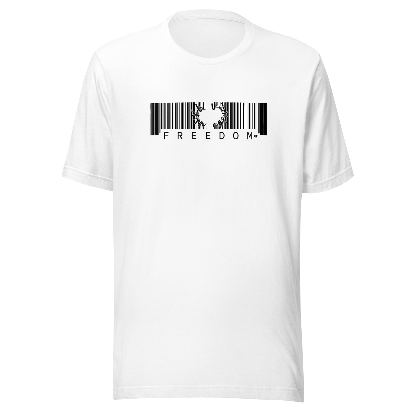 White t-shirt with a barcode design and 'FREEDOM' text on a white background