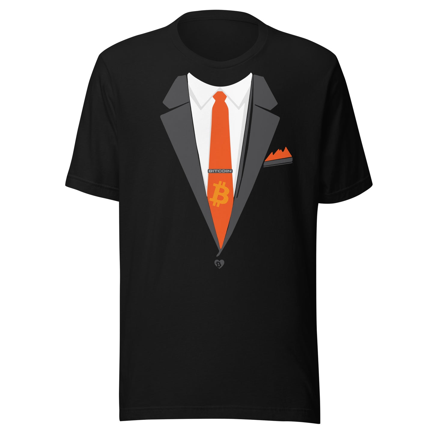 Black t-shirt with a graphic of a suit, bitcoin tie, and pocket square on a white background