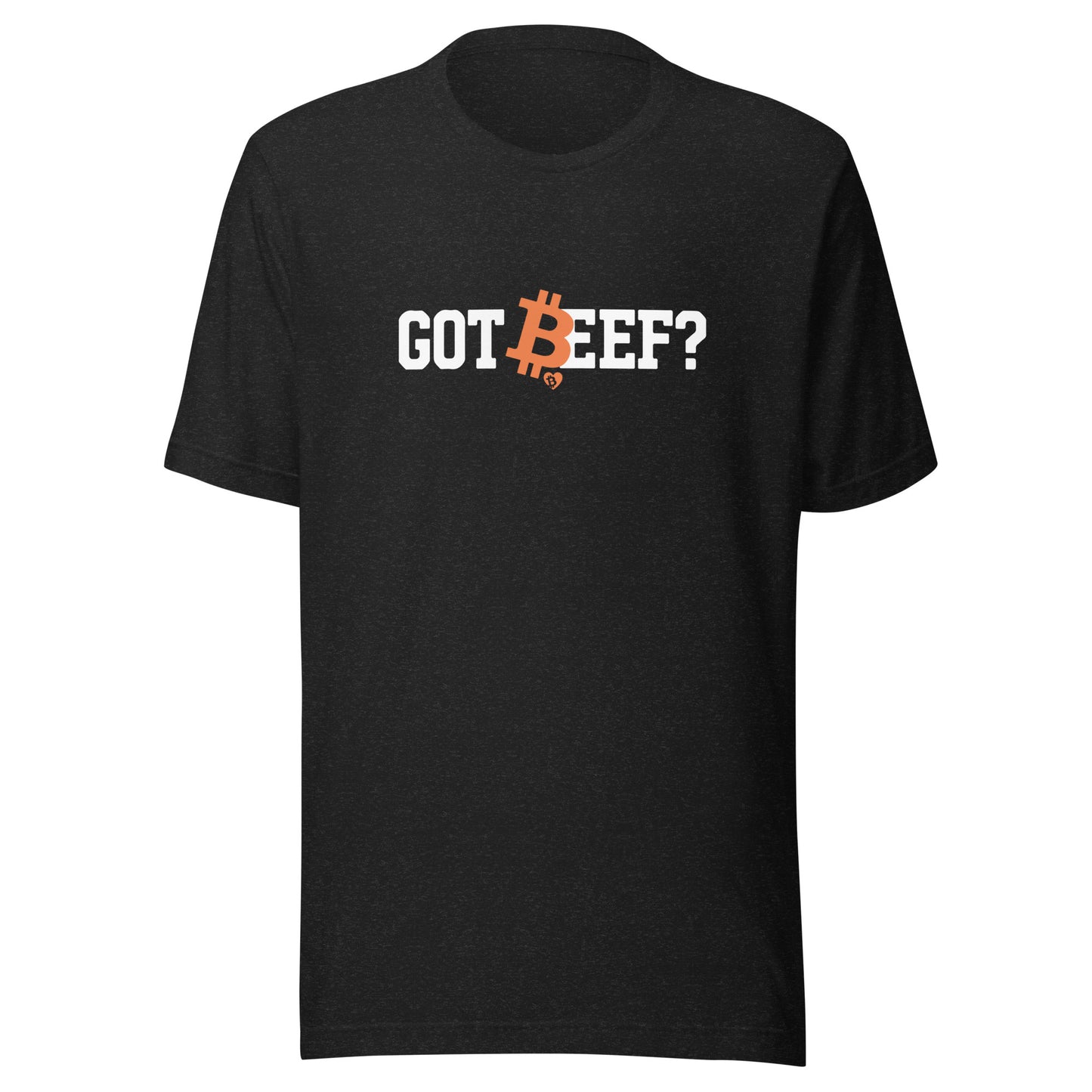 Black t-shirt with bitcoin 'GOT BEEF?' text and Bitcoin logo on a white background