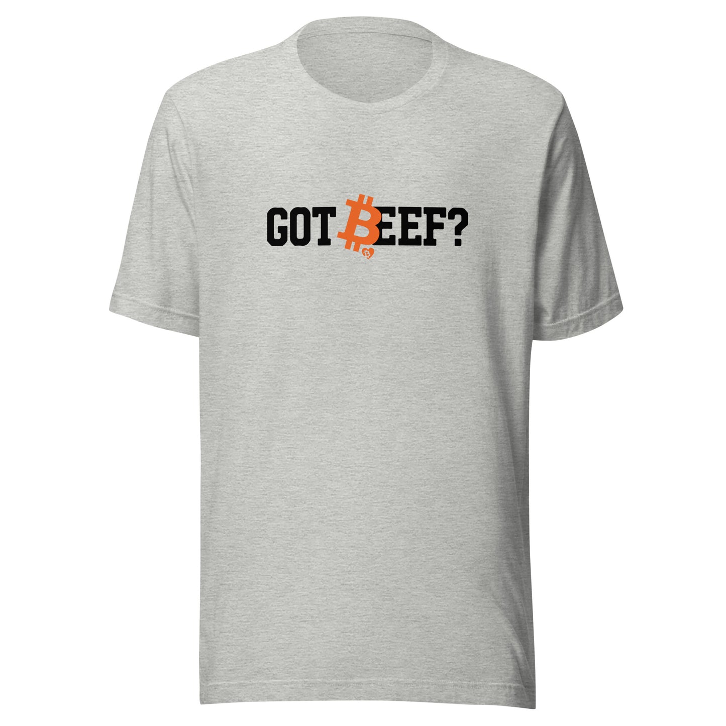 Gray t-shirt with bitcoin 'GOT BEEF?' text design on a white background