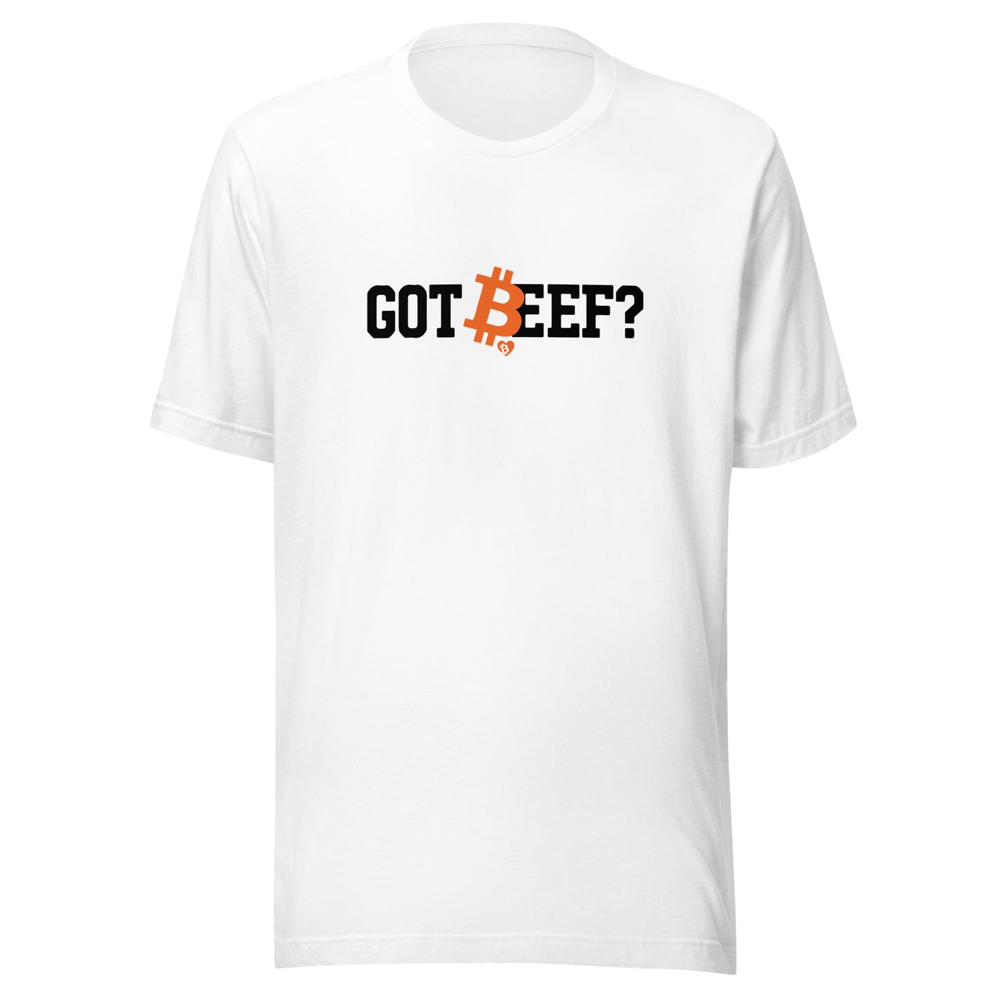 White t-shirt with bitcoin 'GOT BEEF?' text design on a white background