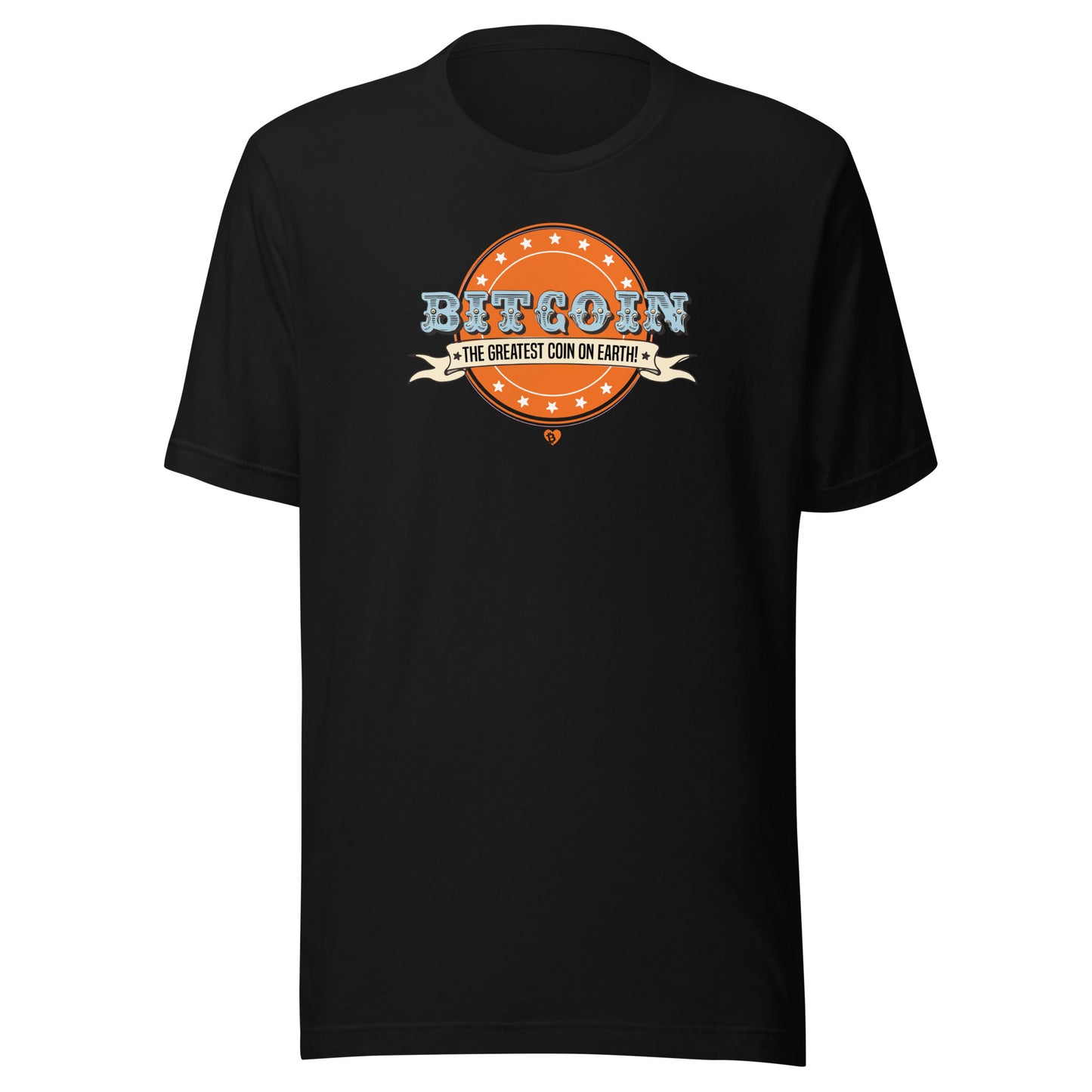 Black t-shirt with Bitcoin graphic design on a white background