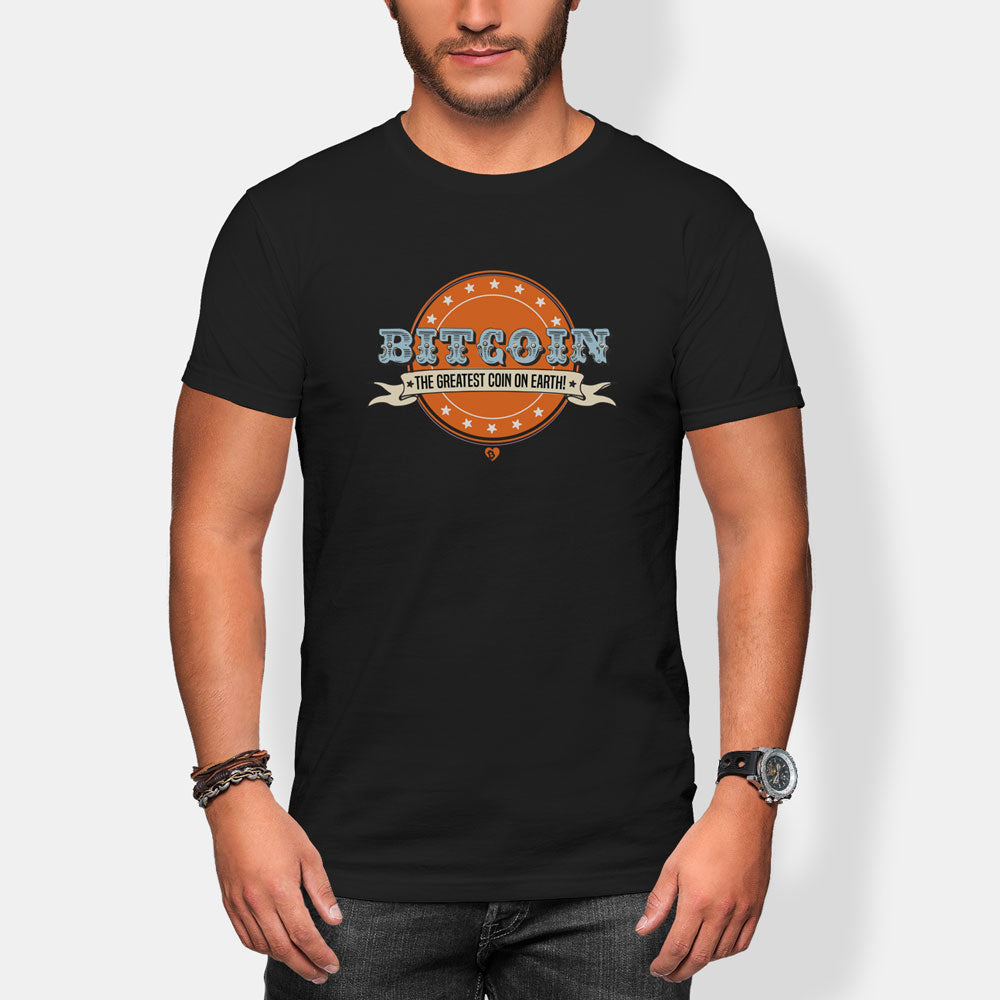 Person wearing a black t-shirt with Bitcoin graphic design on a white background