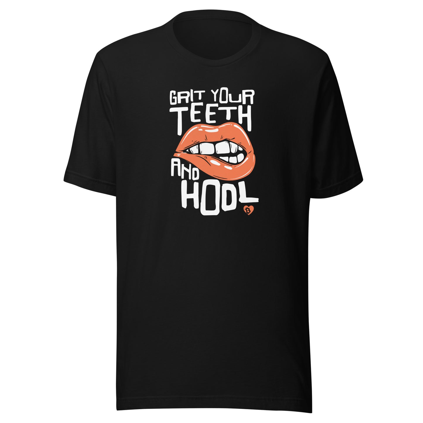 Black t-shirt with HODL graphic design and text on a white background