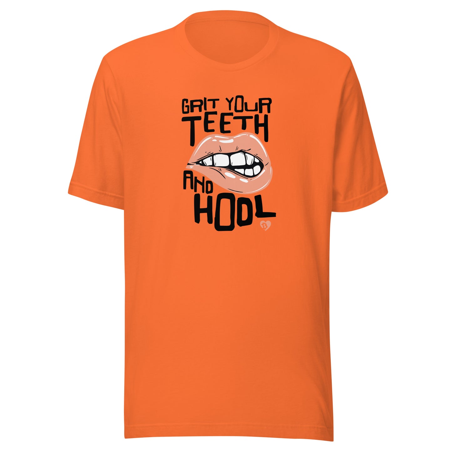 Orange t-shirt with HODL graphic design and text on a white background