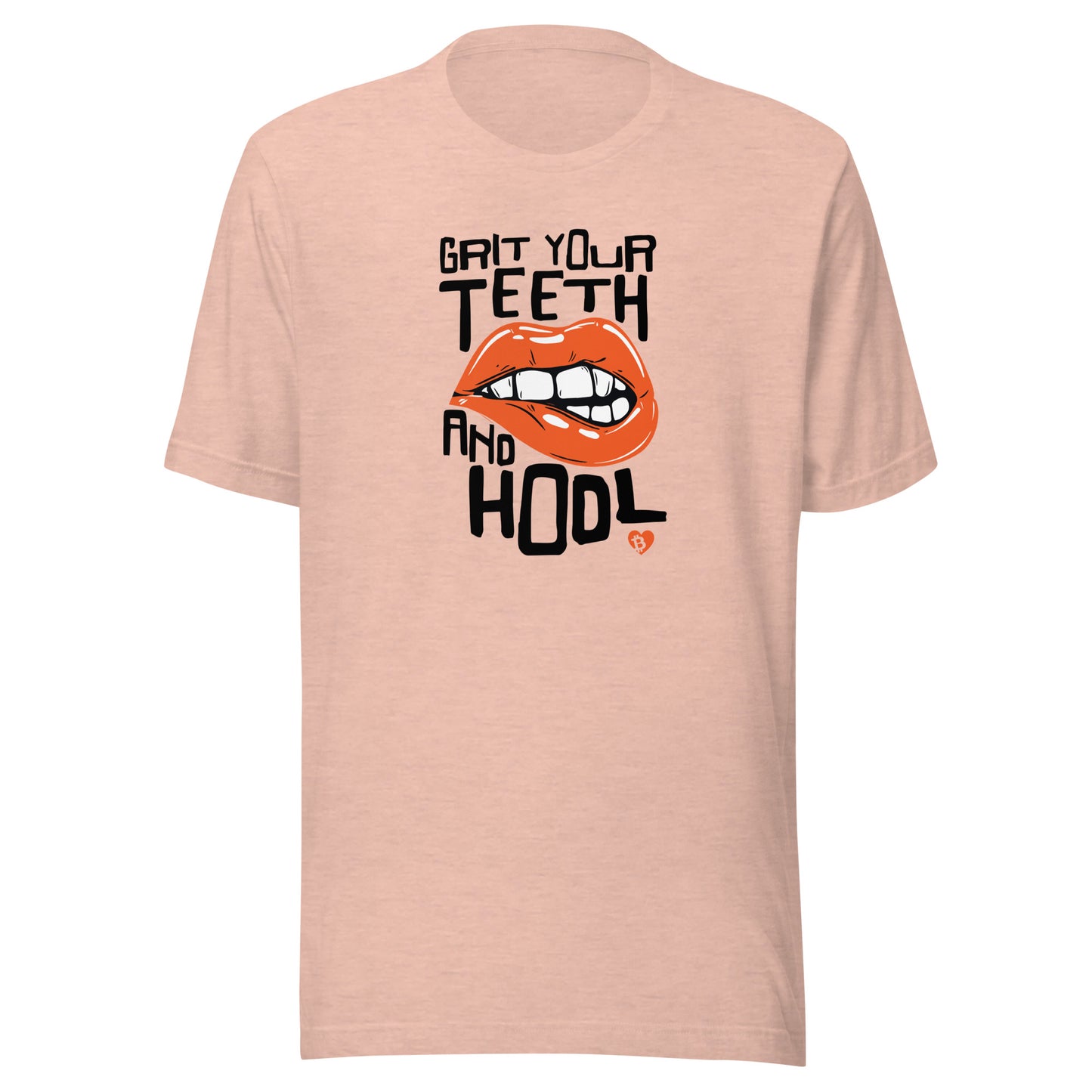 Pink t-shirt with a graphic of lips and HODL text on a white background