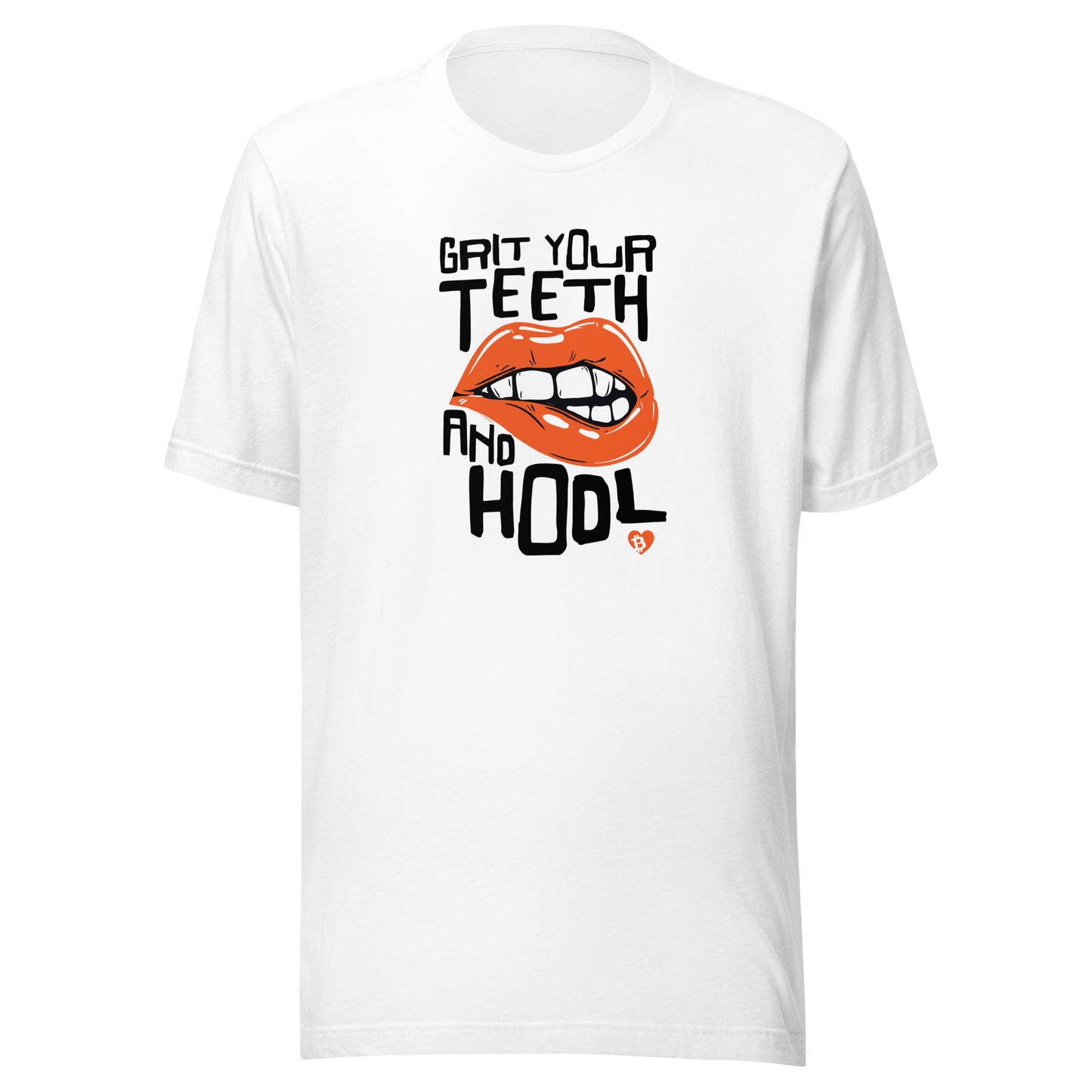 White t-shirt with HODL graphic design and text on a white background
