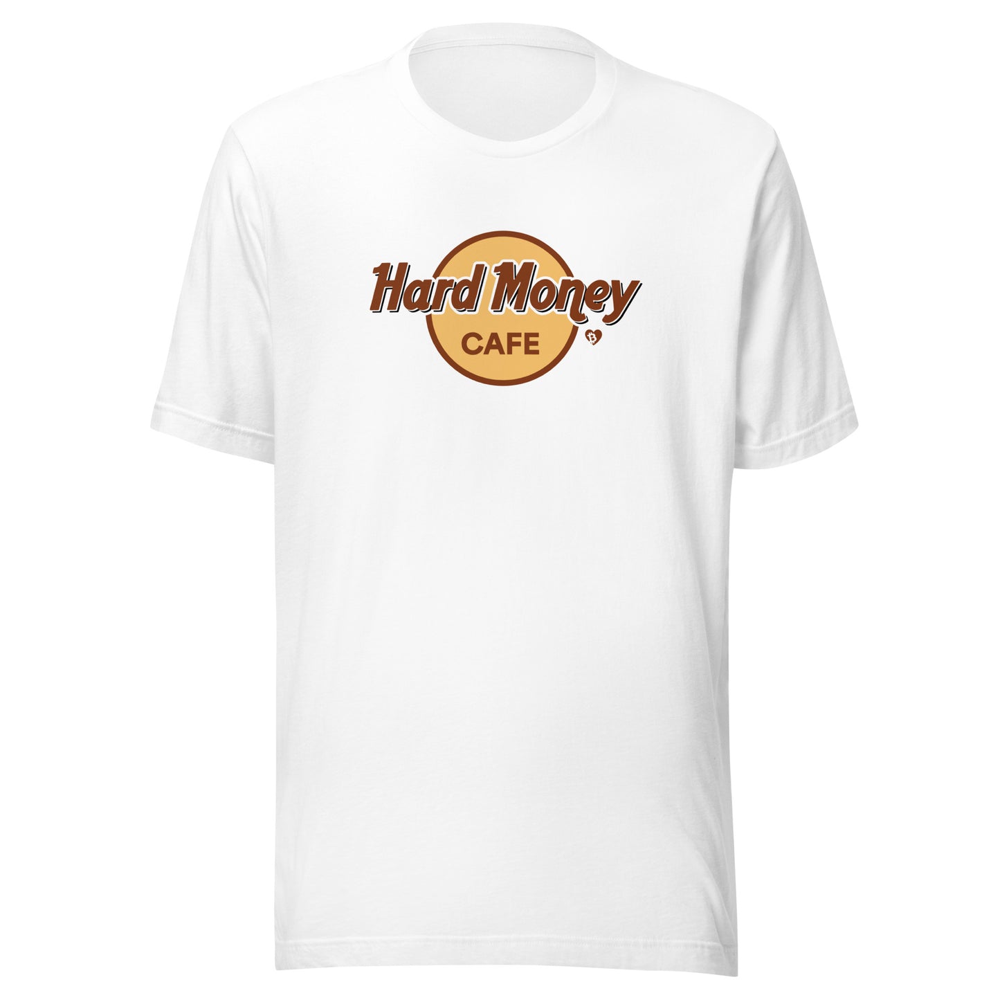 White t-shirt with 'Hard Money Cafe' logo on a white background