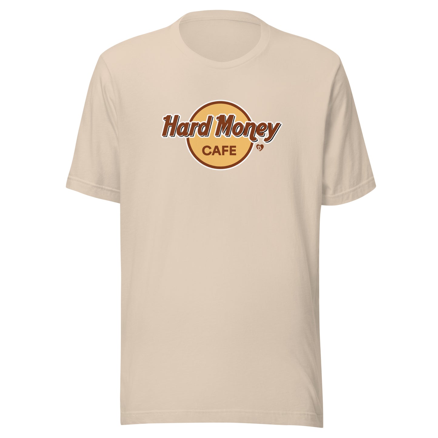 Beige t-shirt with 'Hard Money Cafe' logo on a white background
