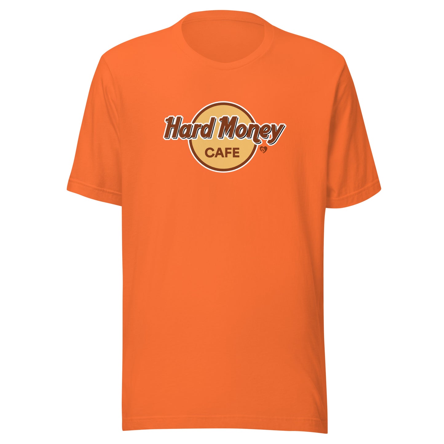 Orange t-shirt with 'Hard Money Cafe' logo on a white background