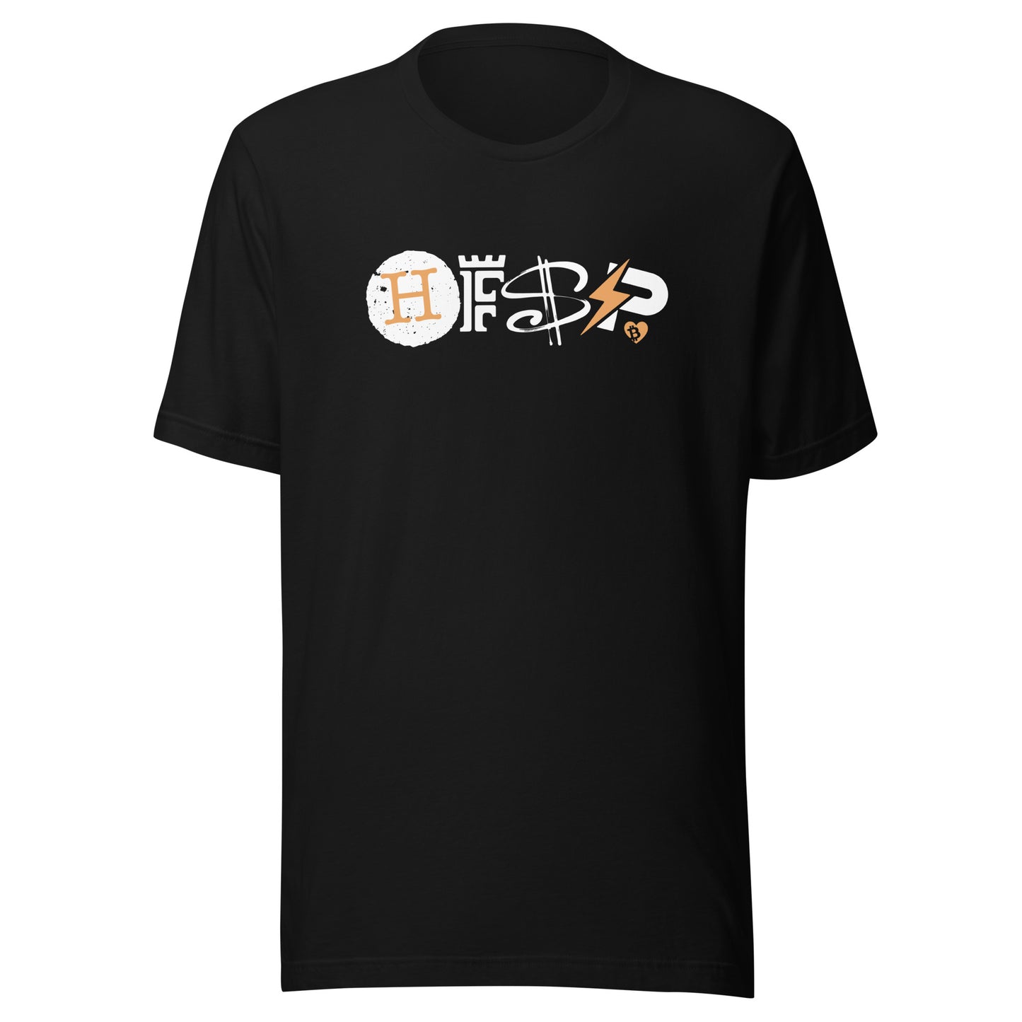 Black t-shirt with a hfsp logo on a white background