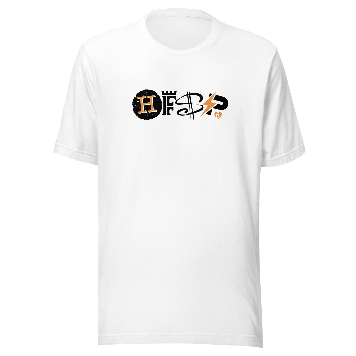 White t-shirt with a hfsp logo on the chest against a white background