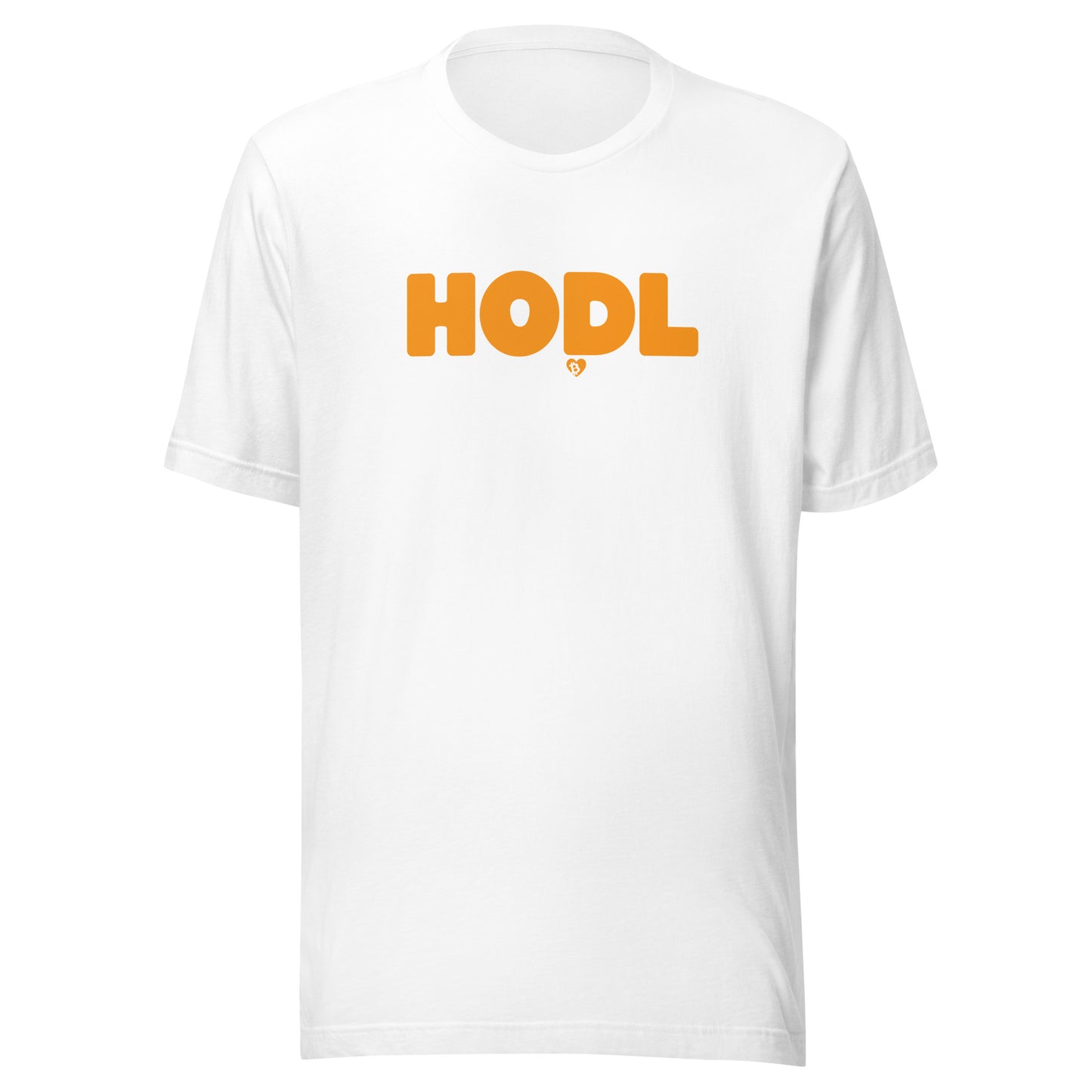 White t-shirt with 'HODL' printed in orange on a white background