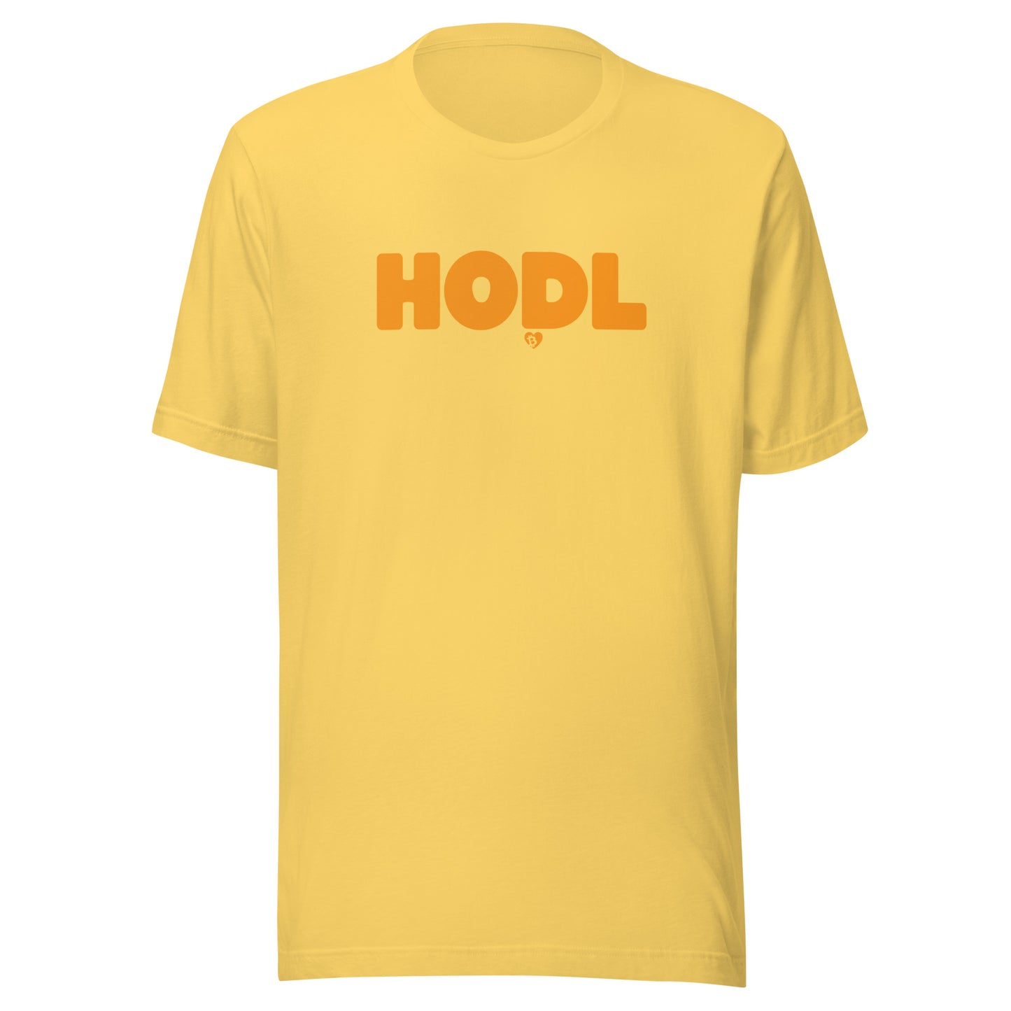 Yellow t-shirt with 'HODL' printed in orange on a white background