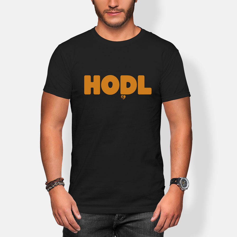 Person wearing a black t-shirt with 'HODL' printed in orange on a white background