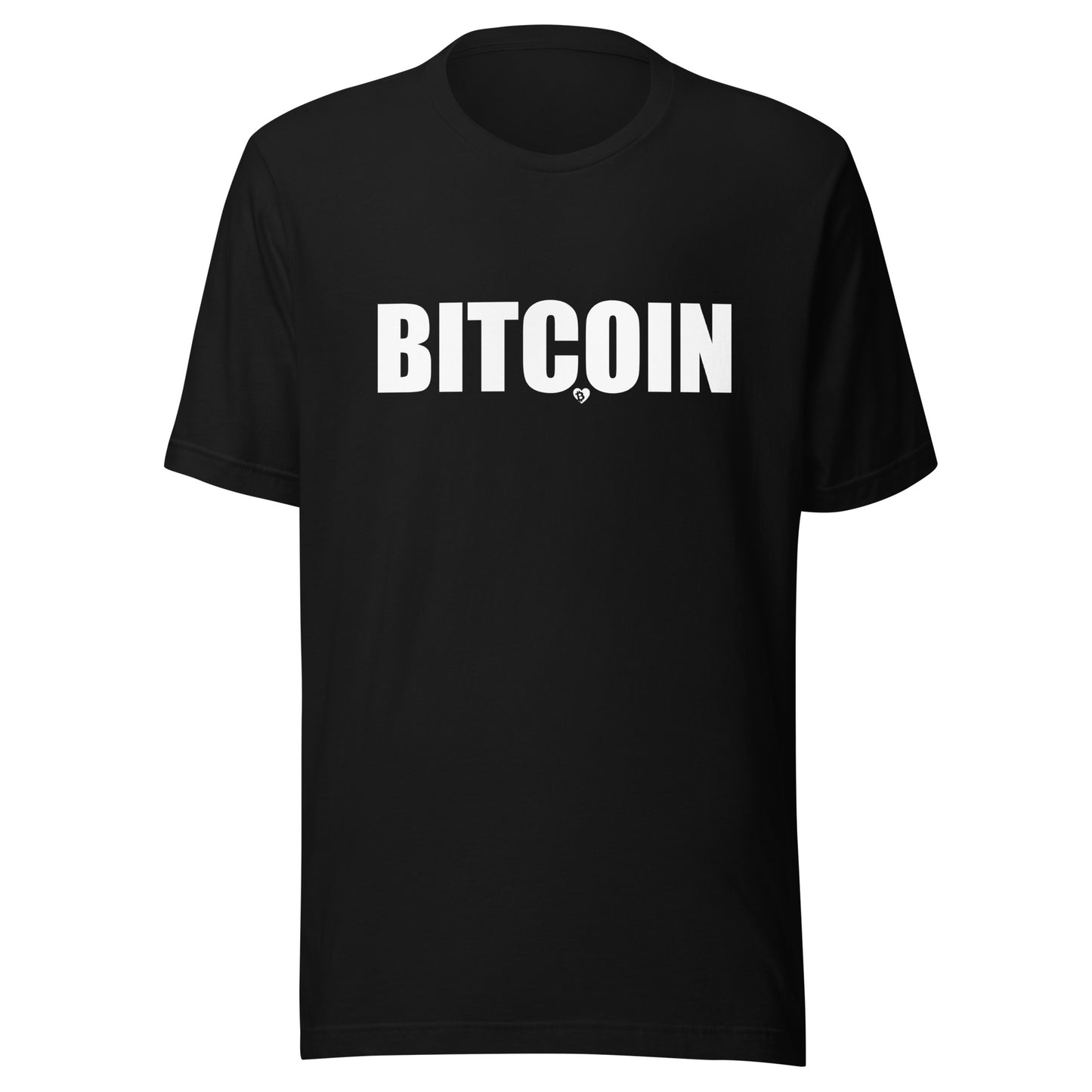 Black t-shirt with 'BITCOIN' printed in white on a white background