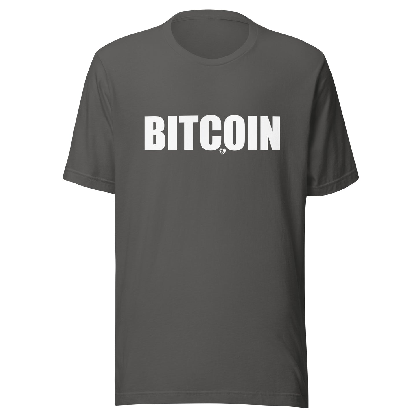 Dark gray t-shirt with 'BITCOIN' printed in white on a white background