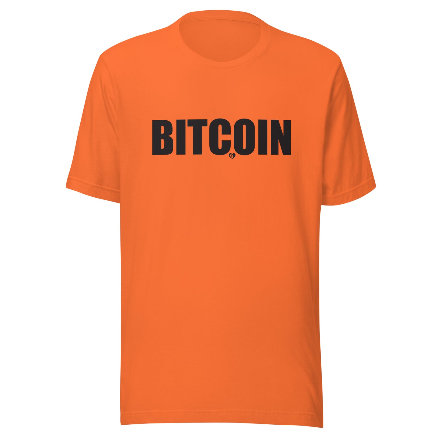 Orange t-shirt with 'BITCOIN' printed on it against a white background